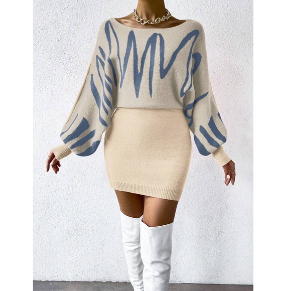 Dirty Beige Knit Long Batwing Sleeve Dress Abstract Print - Picture 3 of 7